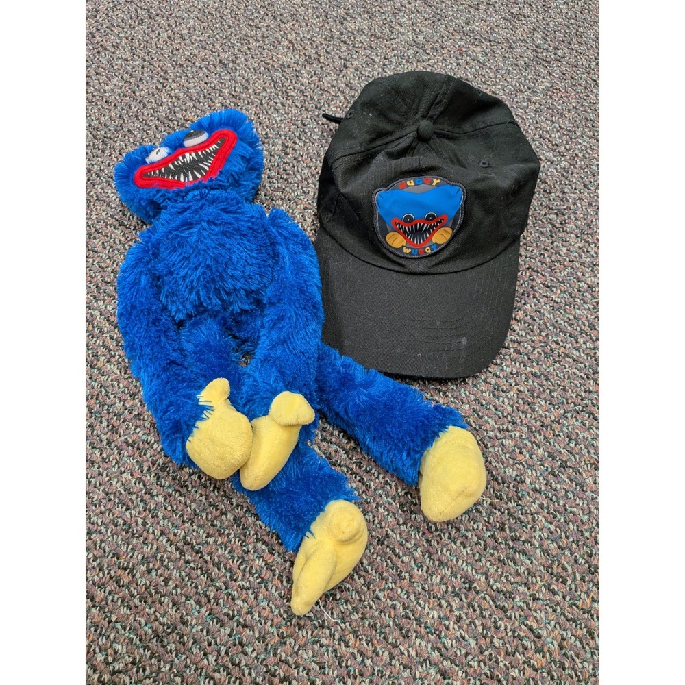 Poppy Playtime Huggy Wuggy Blue Plush and Black Adjustable Baseball Cap Bundle